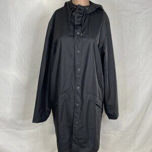 Rains Women's Rain Jacket Black Size S Long Hooded Button Front Waterproof